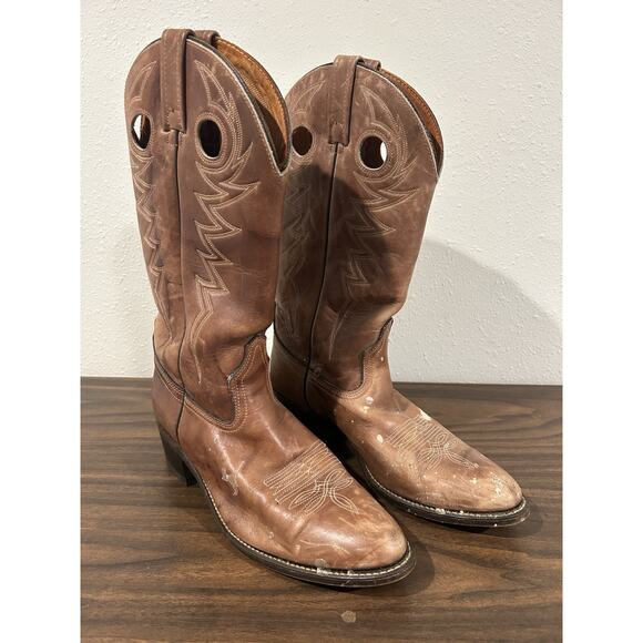 Vtg 80s Acme Cowboy Boots Mens 9.5 Brown Leather Campus Pull On Cut Out PointToe - Picture 1 of 15